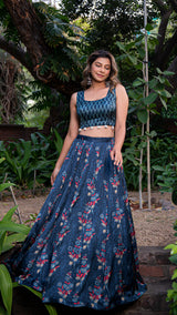 Mughal Flora Silk Lehenga Set - Indigo